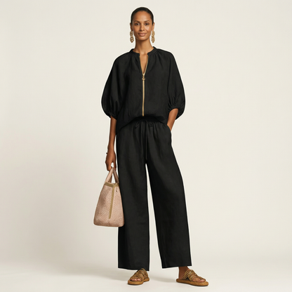 Miriam | Ensemble Chic en Lin Top Manches Bouffantes & Pantalon Palazzo