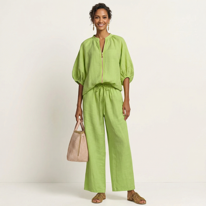 Miriam | Ensemble Chic en Lin Top Manches Bouffantes & Pantalon Palazzo