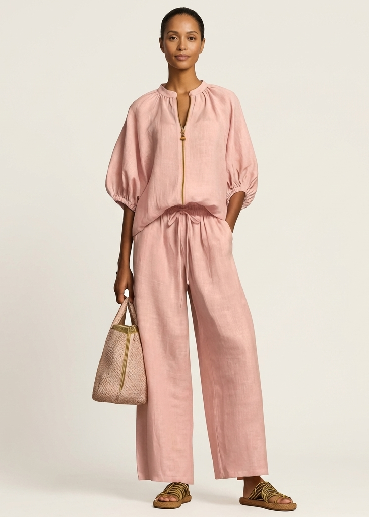 Miriam | Ensemble Chic en Lin Top Manches Bouffantes & Pantalon Palazzo