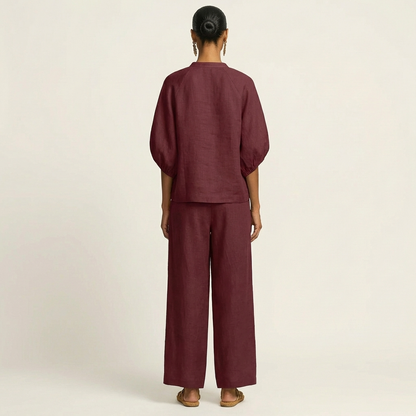 Miriam | Ensemble Chic en Lin Top Manches Bouffantes & Pantalon Palazzo