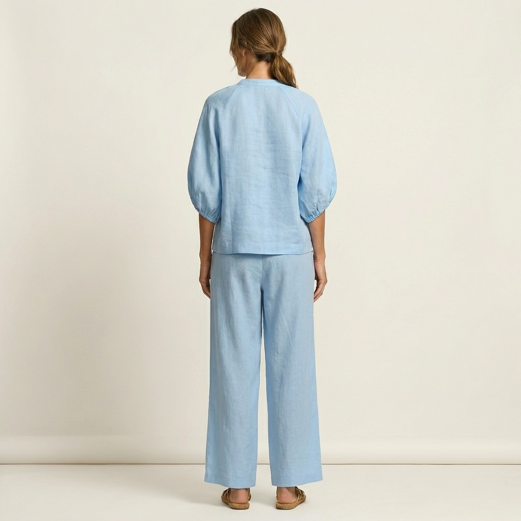 Miriam | Ensemble Chic en Lin Top Manches Bouffantes & Pantalon Palazzo