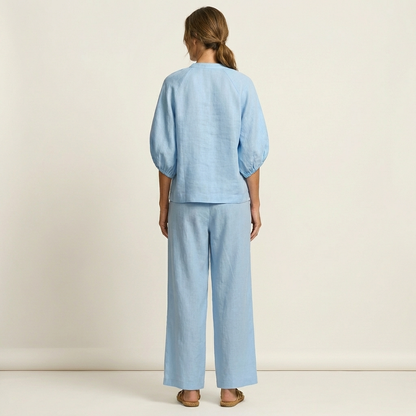 Miriam | Ensemble Chic en Lin Top Manches Bouffantes & Pantalon Palazzo