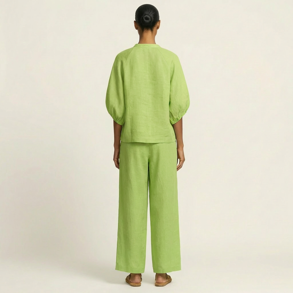 Miriam | Ensemble Chic en Lin Top Manches Bouffantes & Pantalon Palazzo
