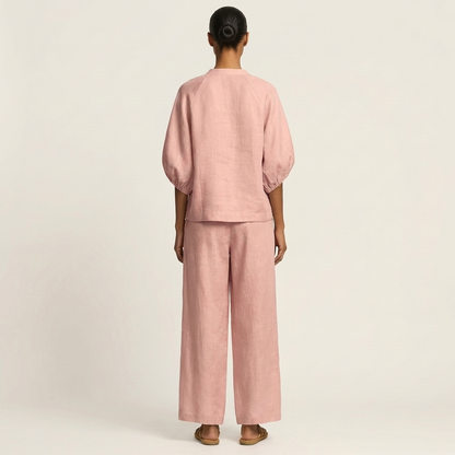 Miriam | Ensemble Chic en Lin Top Manches Bouffantes & Pantalon Palazzo