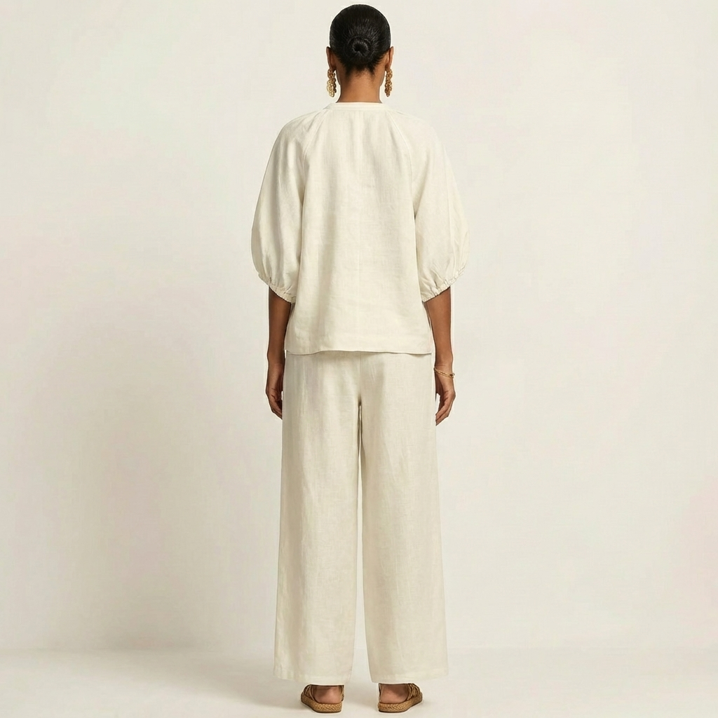Miriam | Ensemble Chic en Lin Top Manches Bouffantes & Pantalon Palazzo