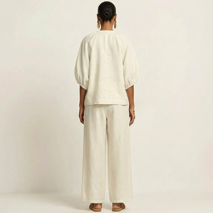 Miriam | Ensemble Chic en Lin Top Manches Bouffantes & Pantalon Palazzo