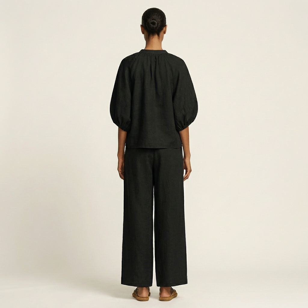 Miriam | Ensemble Chic en Lin Top Manches Bouffantes & Pantalon Palazzo