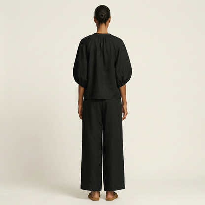 Miriam | Ensemble Chic en Lin Top Manches Bouffantes & Pantalon Palazzo