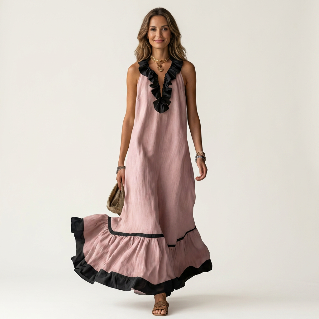 Miranda | Robe Longue Fluide à Col Volanté & Liserés Contrastés