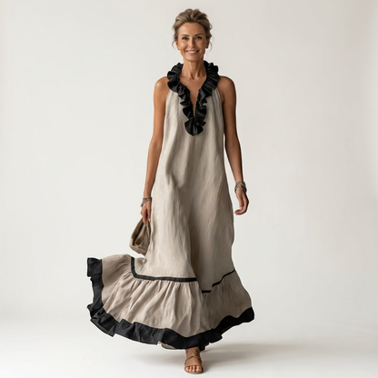 Miranda | Robe Longue Fluide à Col Volanté & Liserés Contrastés