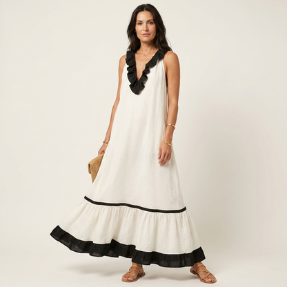 Miranda | Robe Longue Fluide à Col Volanté & Liserés Contrastés