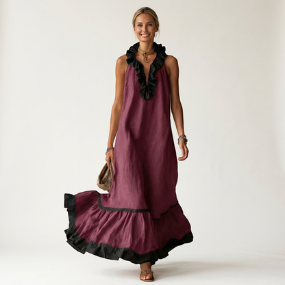 Miranda | Robe Longue Fluide à Col Volanté & Liserés Contrastés