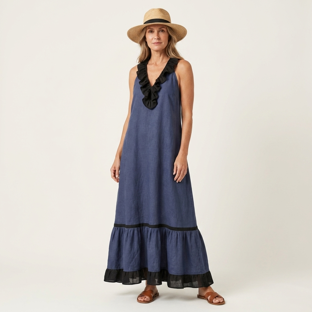 Miranda | Robe Longue Fluide à Col Volanté & Liserés Contrastés