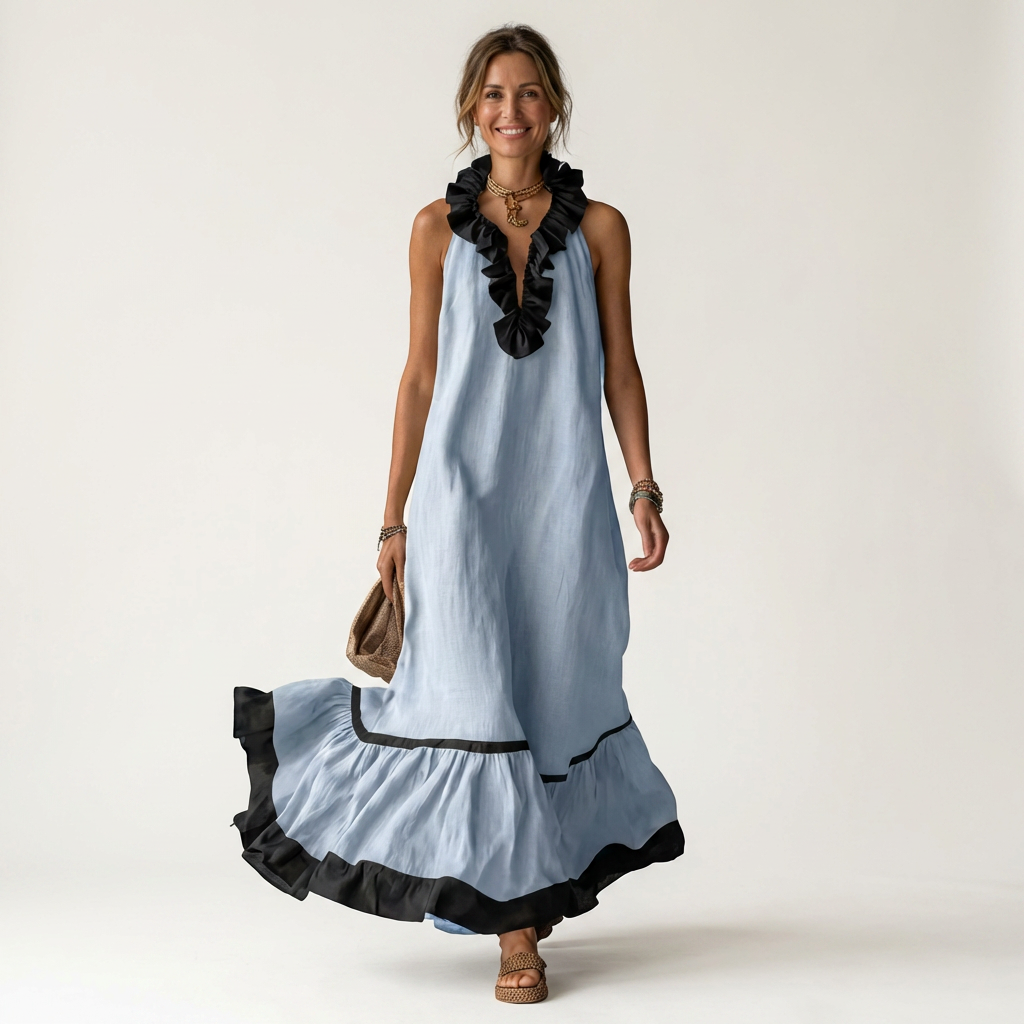 Miranda | Robe Longue Fluide à Col Volanté & Liserés Contrastés