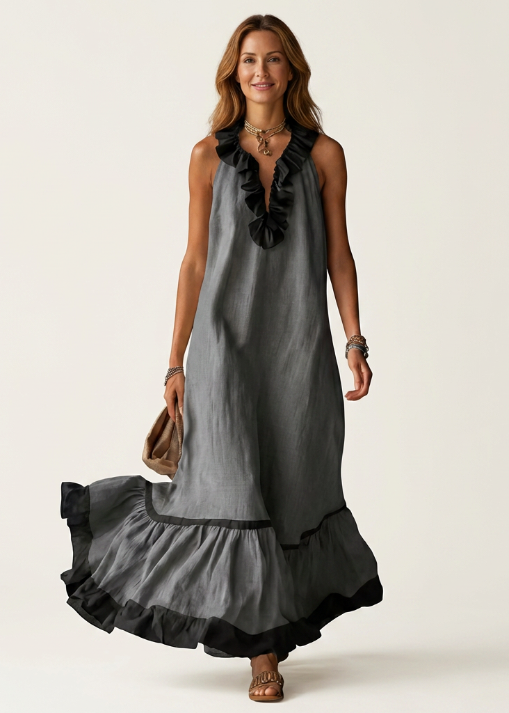 Miranda | Robe Longue Fluide à Col Volanté & Liserés Contrastés