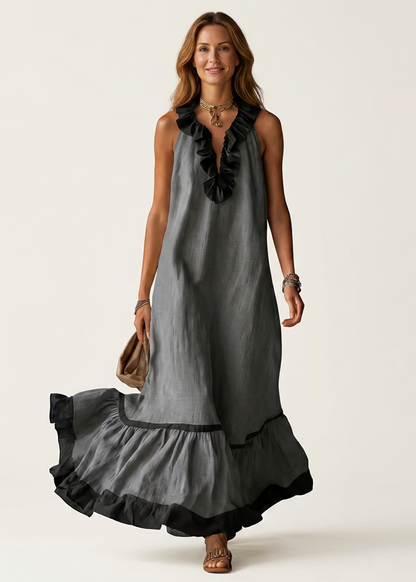 Miranda | Robe Longue Fluide à Col Volanté & Liserés Contrastés