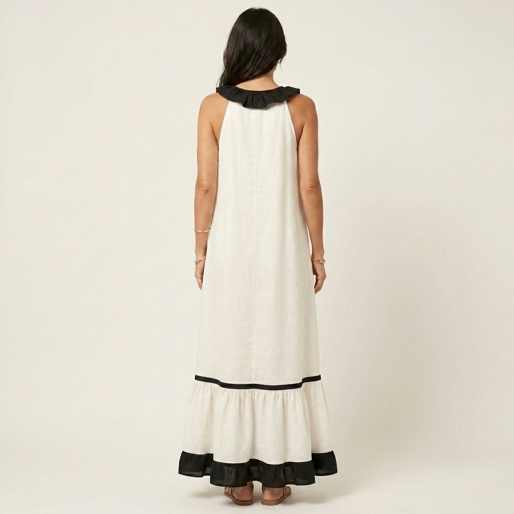 Miranda | Robe Longue Fluide à Col Volanté & Liserés Contrastés