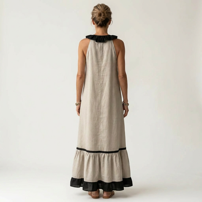 Miranda | Robe Longue Fluide à Col Volanté & Liserés Contrastés