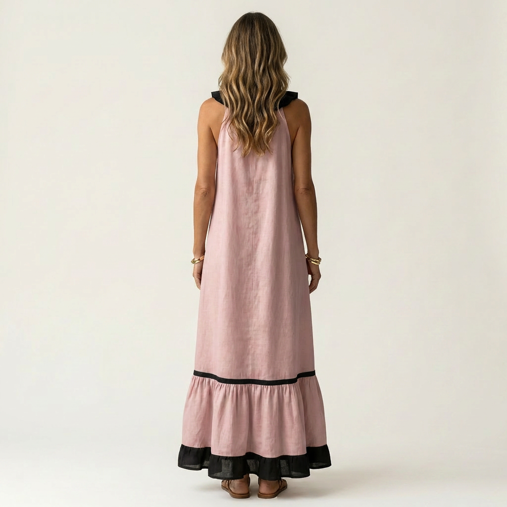 Miranda | Robe Longue Fluide à Col Volanté & Liserés Contrastés