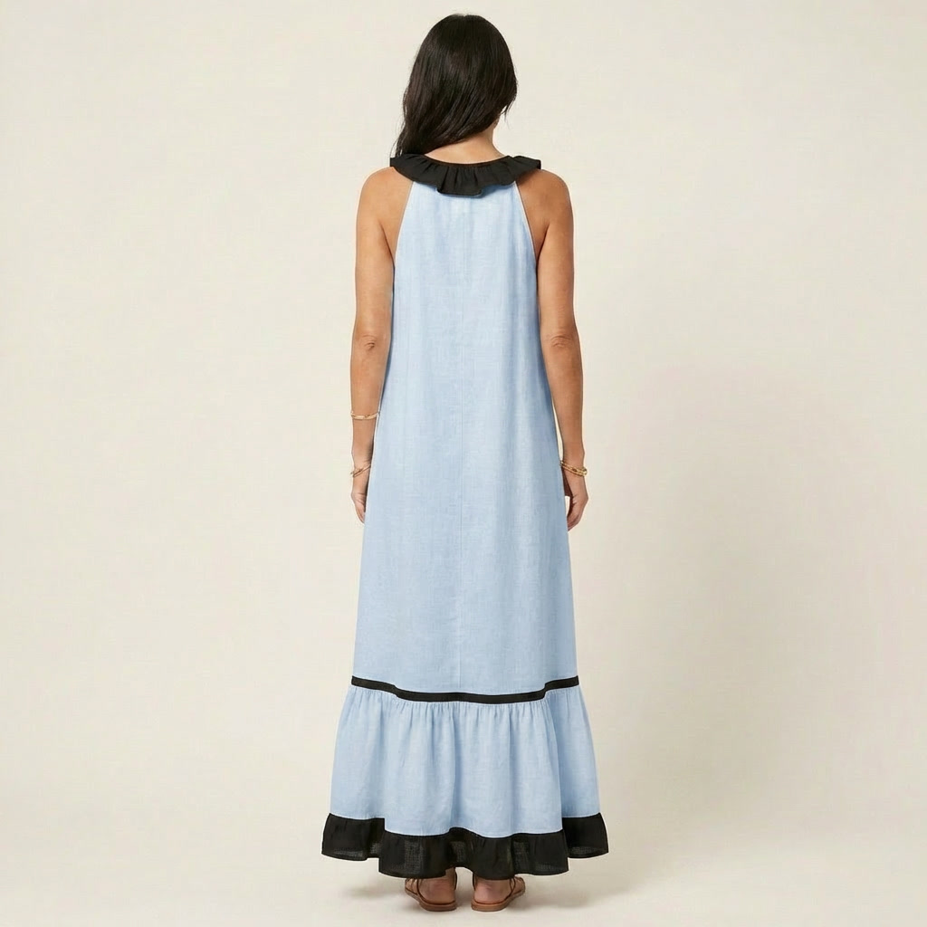 Miranda | Robe Longue Fluide à Col Volanté & Liserés Contrastés