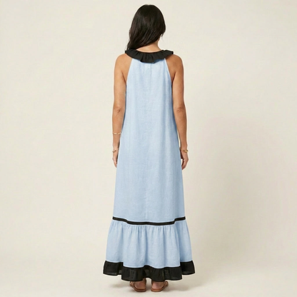 Miranda | Robe Longue Fluide à Col Volanté & Liserés Contrastés