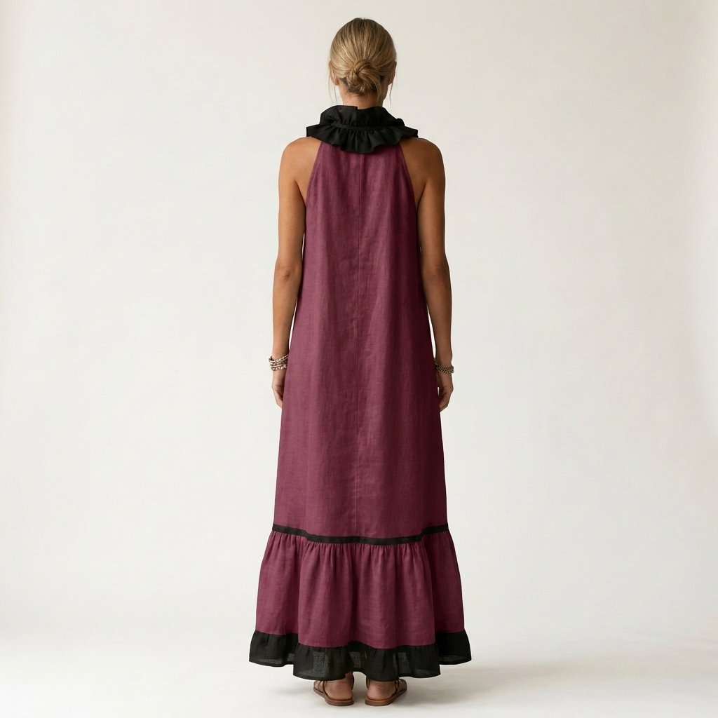 Miranda | Robe Longue Fluide à Col Volanté & Liserés Contrastés