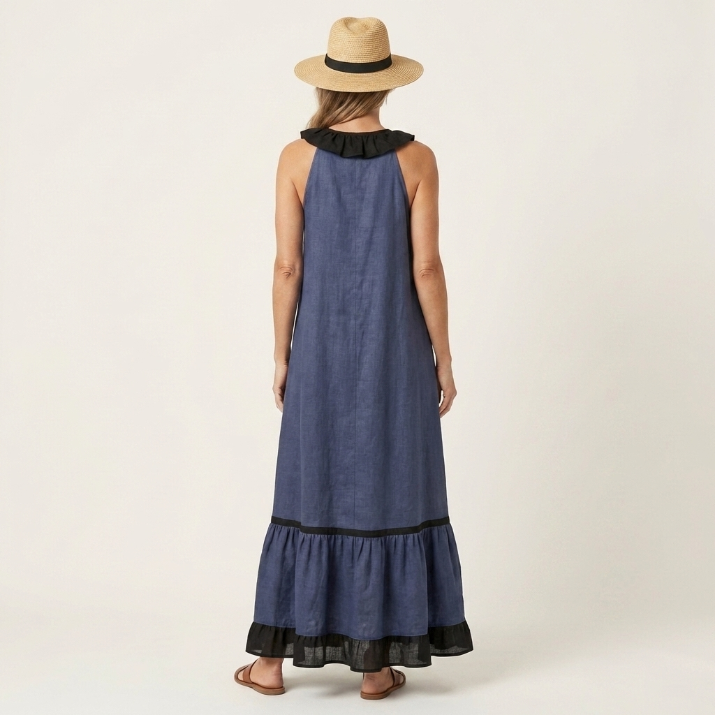 Miranda | Robe Longue Fluide à Col Volanté & Liserés Contrastés