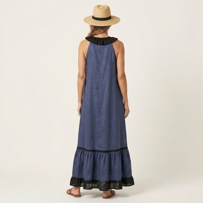 Miranda | Robe Longue Fluide à Col Volanté & Liserés Contrastés