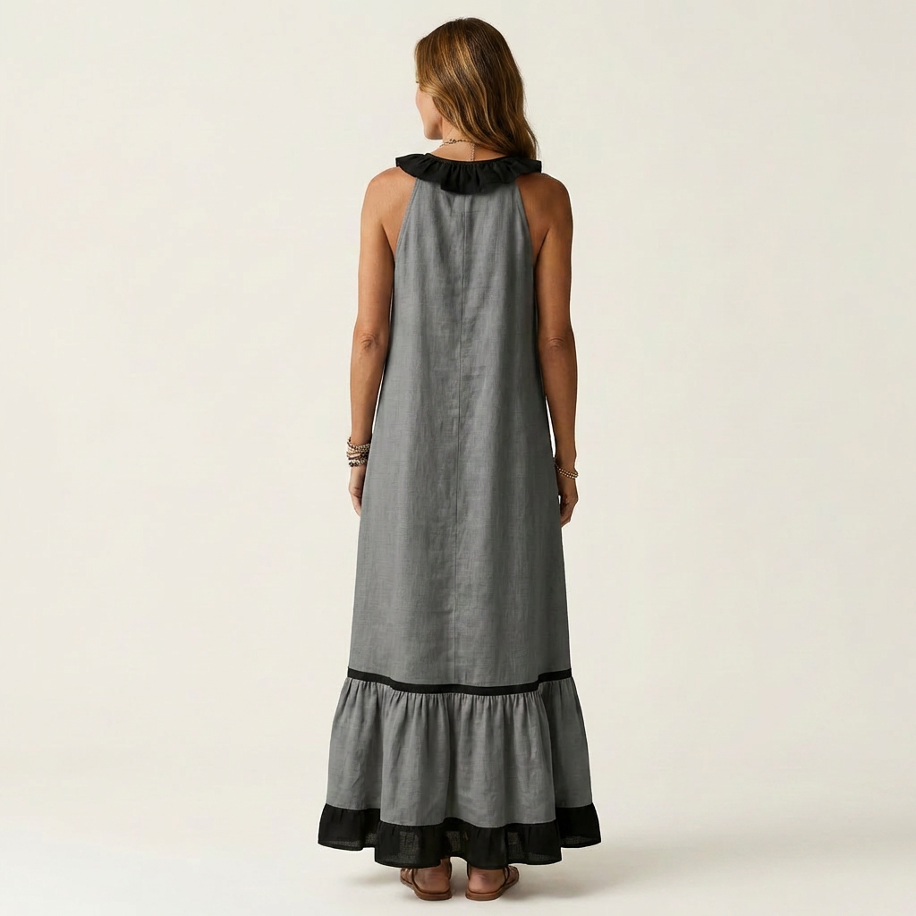 Miranda | Robe Longue Fluide à Col Volanté & Liserés Contrastés