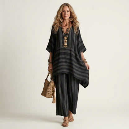 Alessia | Ensemble Bohème Rayé Tunique Asymétrique & Pantalon Large