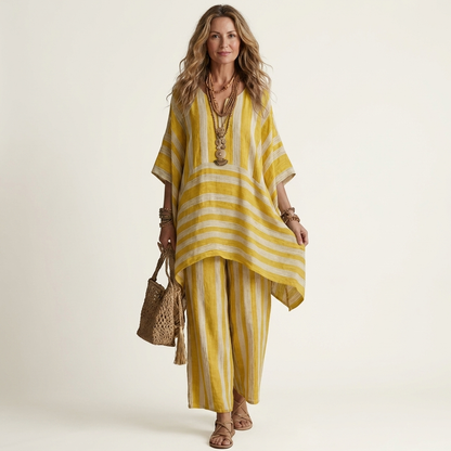 Alessia | Ensemble Bohème Rayé Tunique Asymétrique & Pantalon Large