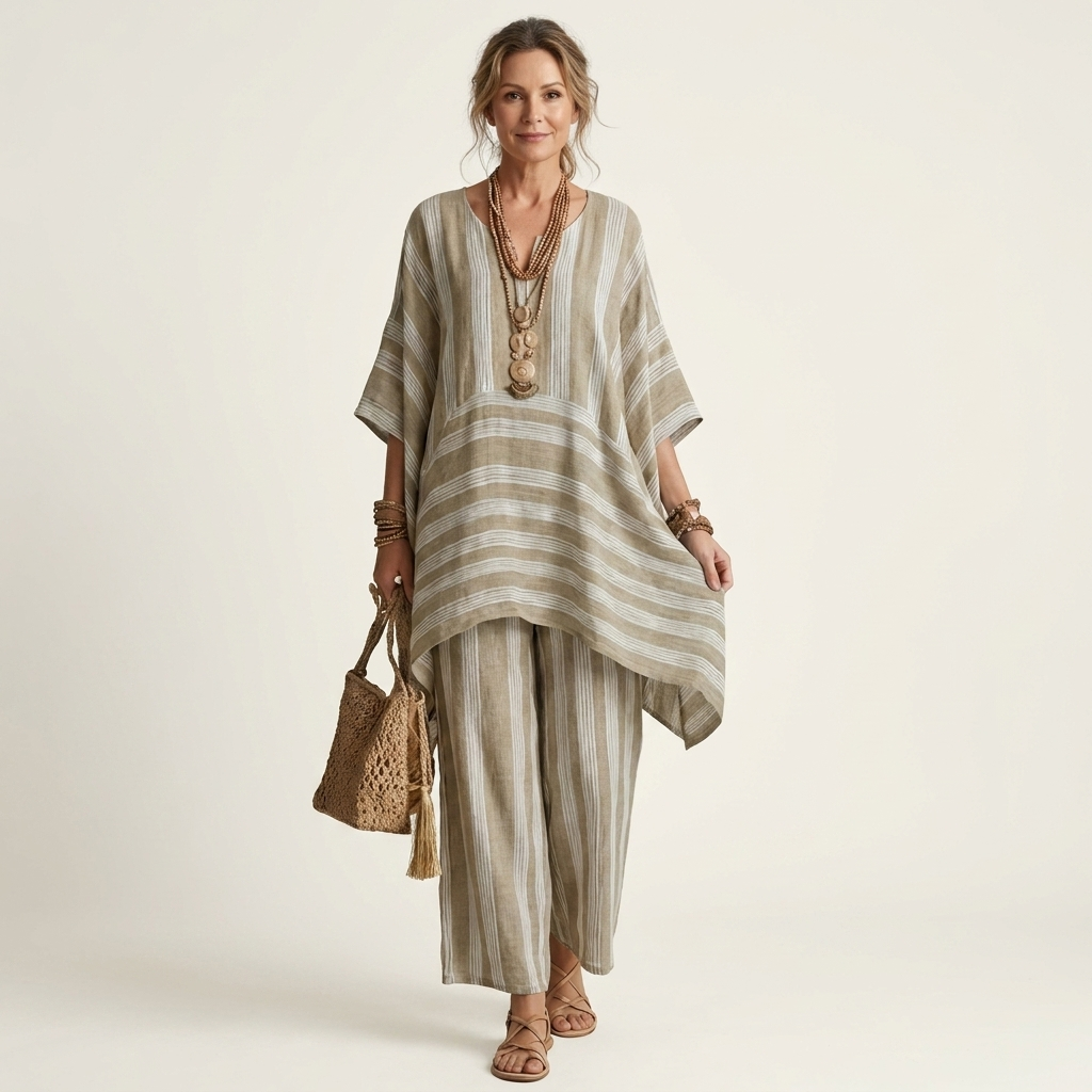 Alessia | Ensemble Bohème Rayé Tunique Asymétrique & Pantalon Large