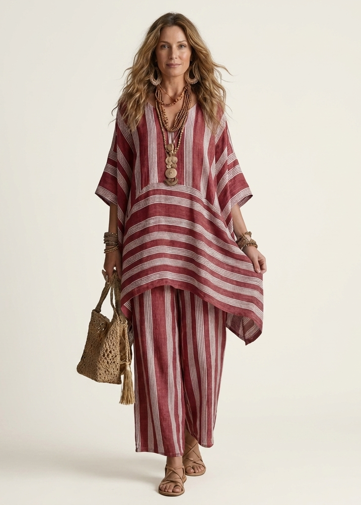 Alessia | Ensemble Bohème Rayé Tunique Asymétrique & Pantalon Large