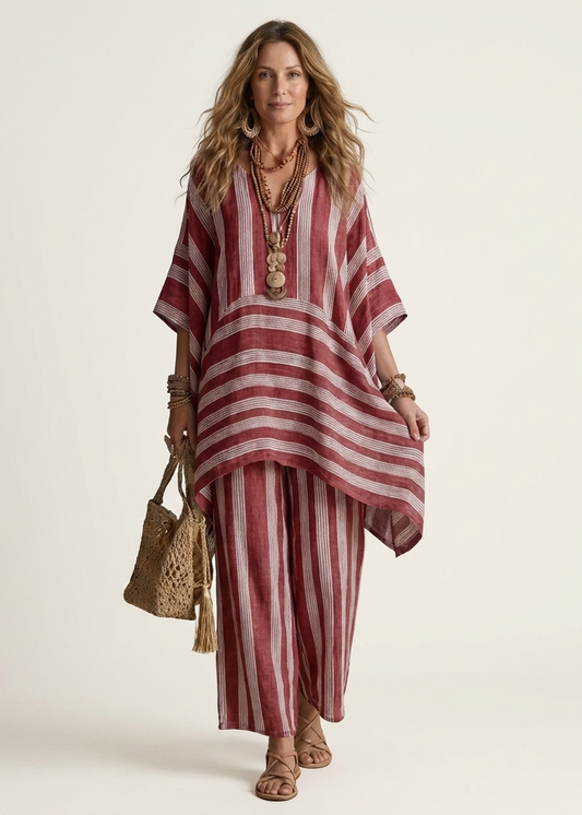 Alessia | Ensemble Bohème Rayé Tunique Asymétrique & Pantalon Large