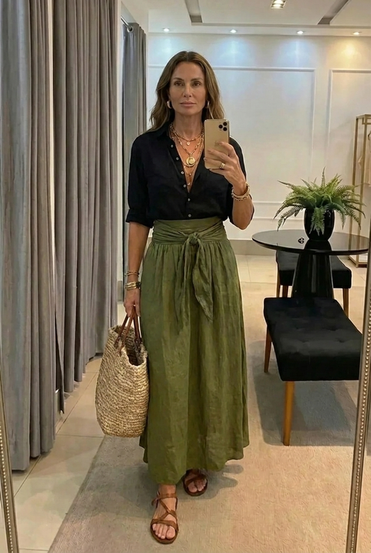 Maylène | Ensemble Élégant Deux Pièces : Chemise et Jupe Midi
