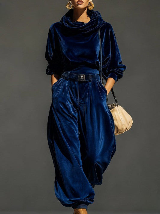 Fauvette | Ensemble Sweat à Capuche en Velours Marron Vintage et Pantalon Ample, Ceinture Incluse