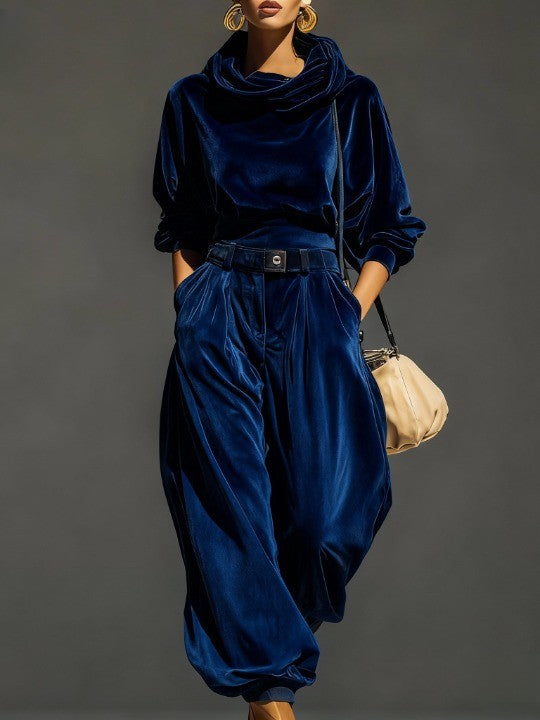 Fauvette | Ensemble Sweat à Capuche en Velours Marron Vintage et Pantalon Ample, Ceinture Incluse