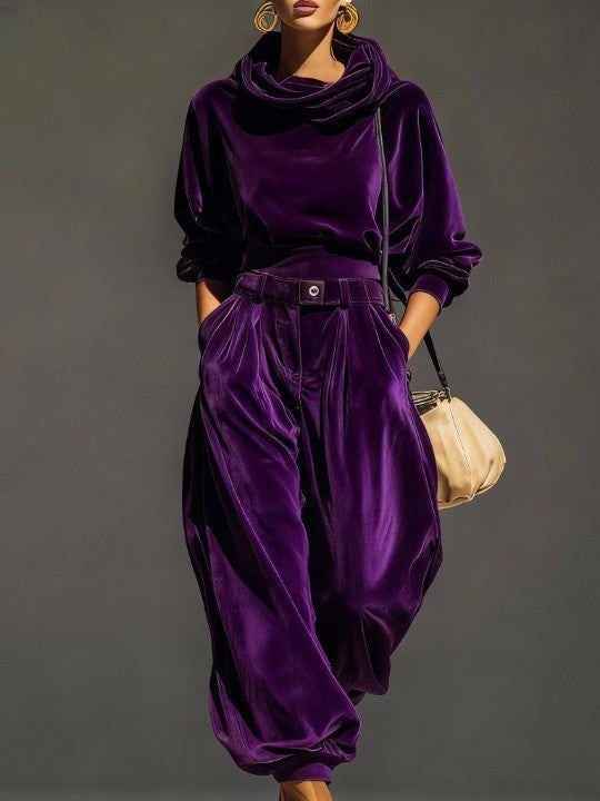 Fauvette | Ensemble Sweat à Capuche en Velours Marron Vintage et Pantalon Ample, Ceinture Incluse