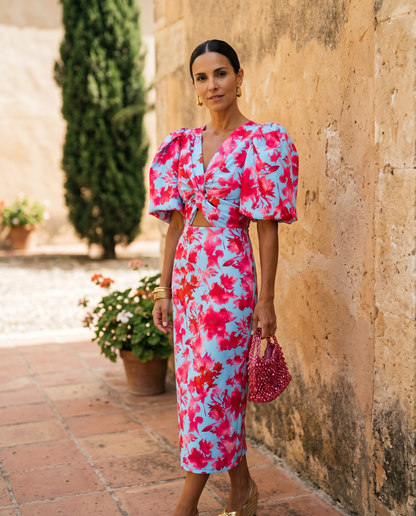 Carla™ | Robe Midi Fleurie à Manches Bouffantes