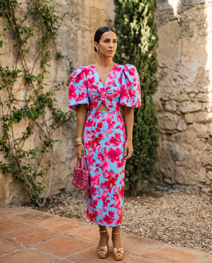 Carla™ | Robe Midi Fleurie à Manches Bouffantes