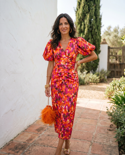 Carla™ | Robe Midi Fleurie à Manches Bouffantes