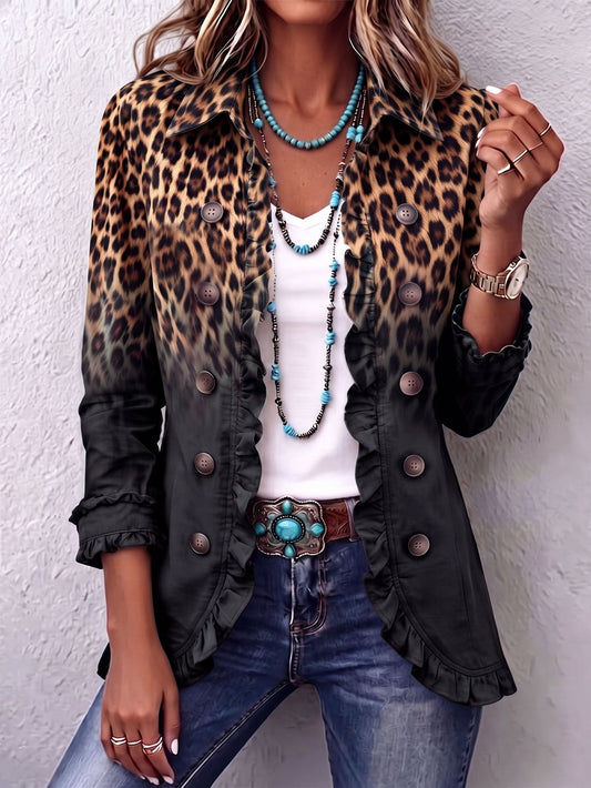 Dominique | Veste Blazer Léopard Noir à Volants